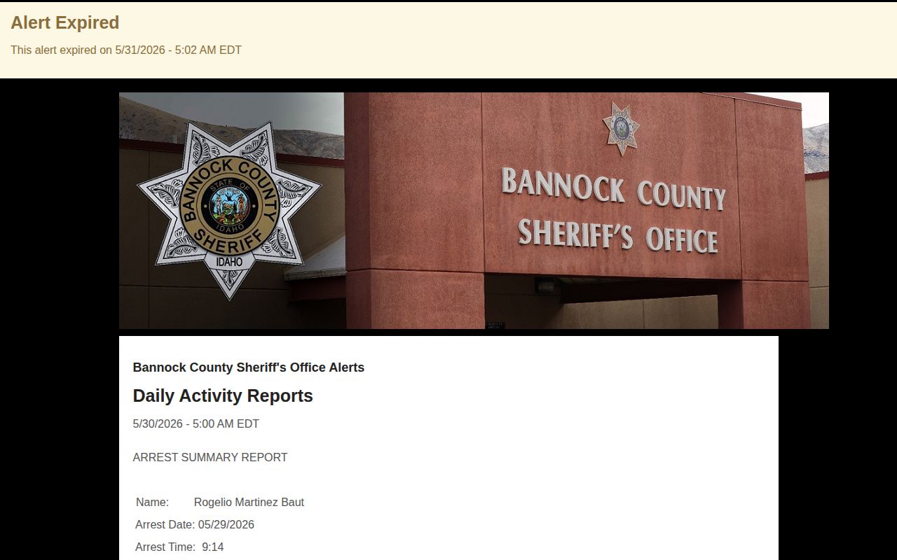 Older Bannock County AlertSense report showing archive depth