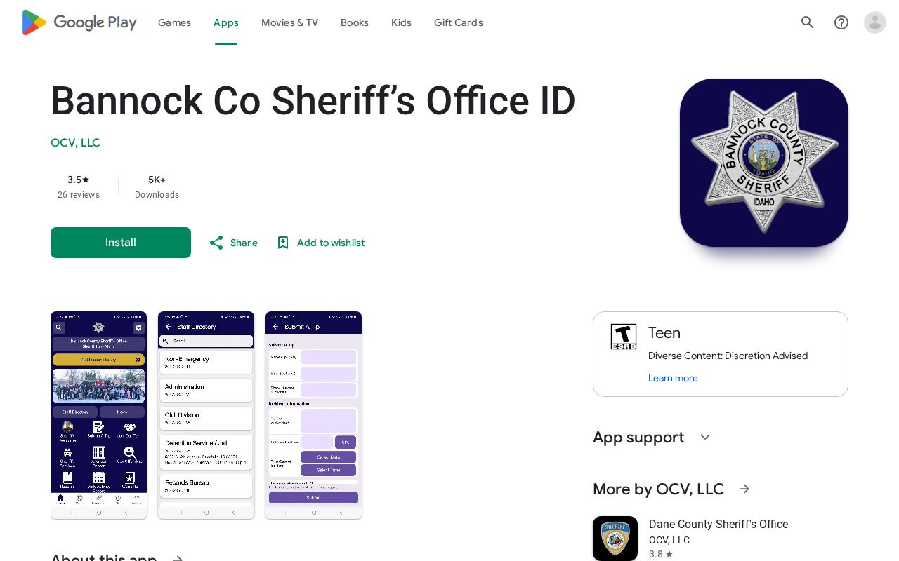 Google Play listing for the official Bannock County Sheriff app