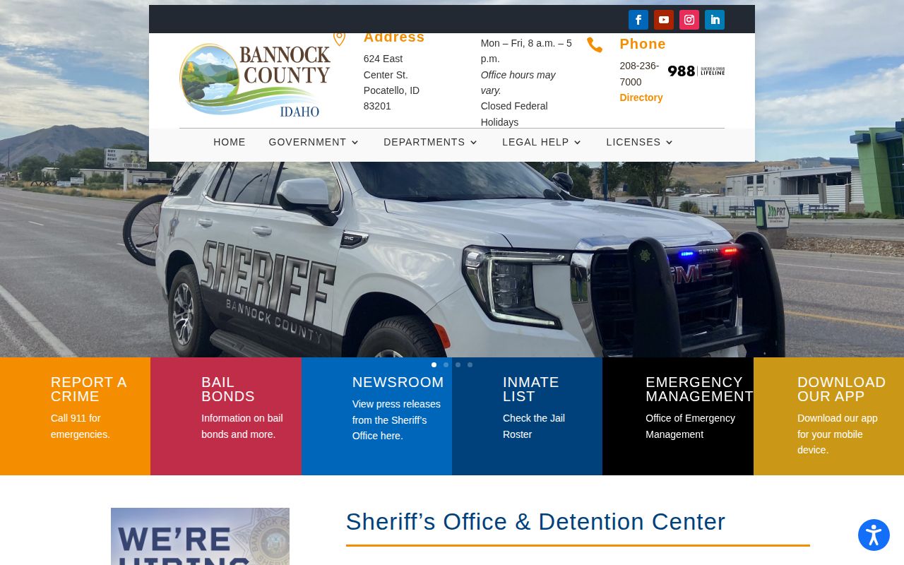 Bannock Sheriff page with records and detention contacts