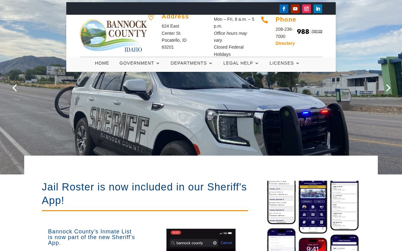 Official Bannock County roster page directing users to the Sheriff app