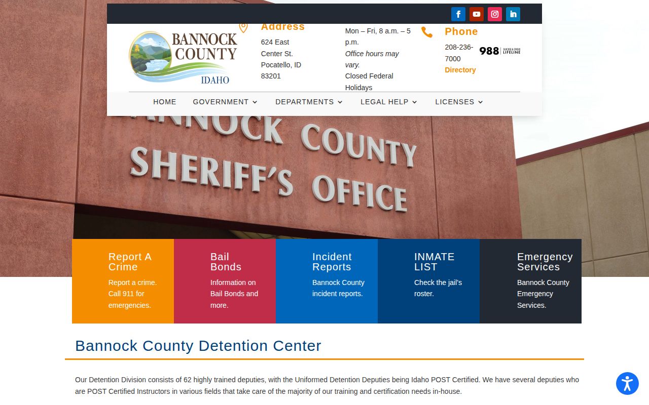 Bannock County Detention Center page linking to VINE custody services