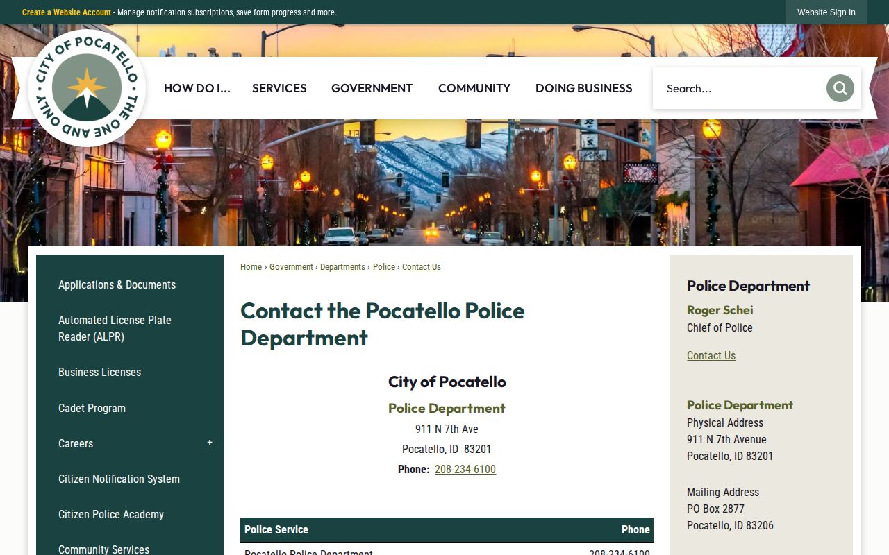 Pocatello Police official contact page with agency address and phone information