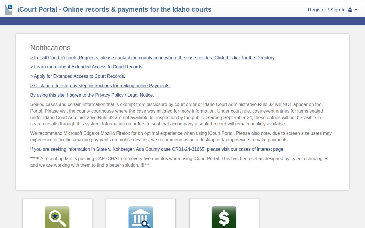 Idaho iCourt Smart Search portal